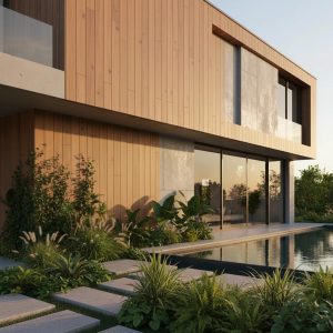  نمای مدرن ساختمان ویلایی ترکیبی اجرا شده با نماپوش چوب پلاست رنگ گردویی و بتن