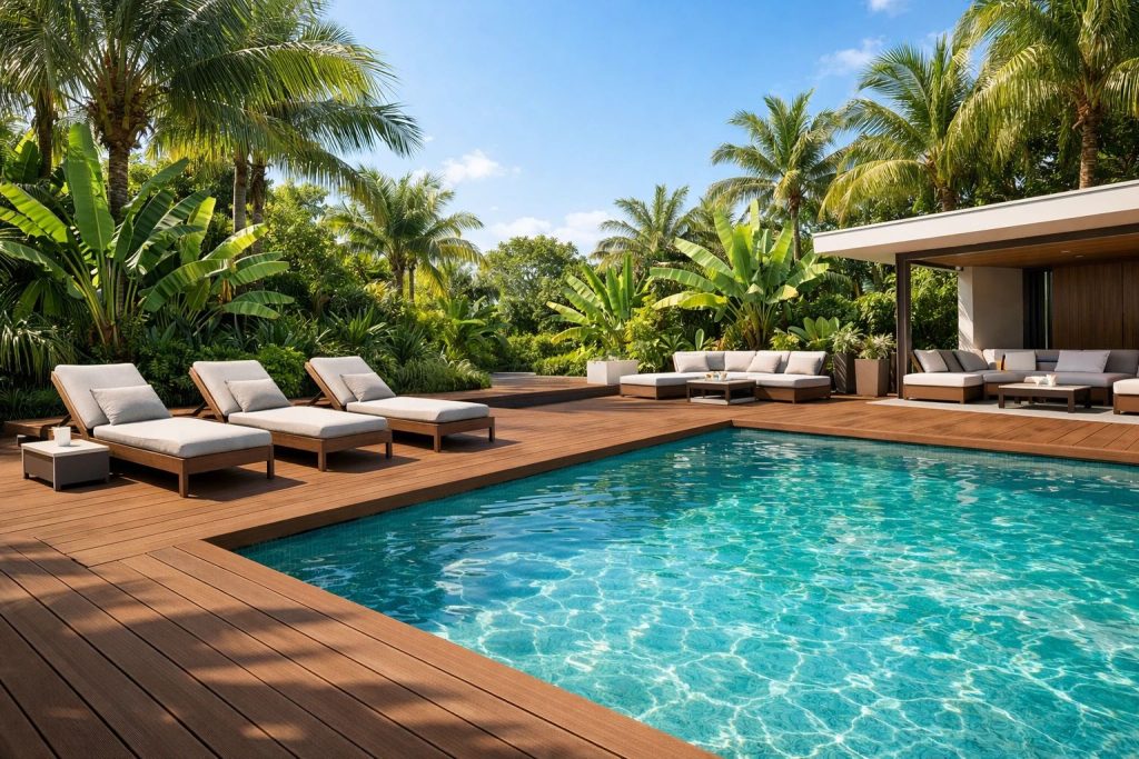 چوب پلاست دور استخر مدرن با گیاهان استوایی و صندلی‌های آفتاب‌گیر