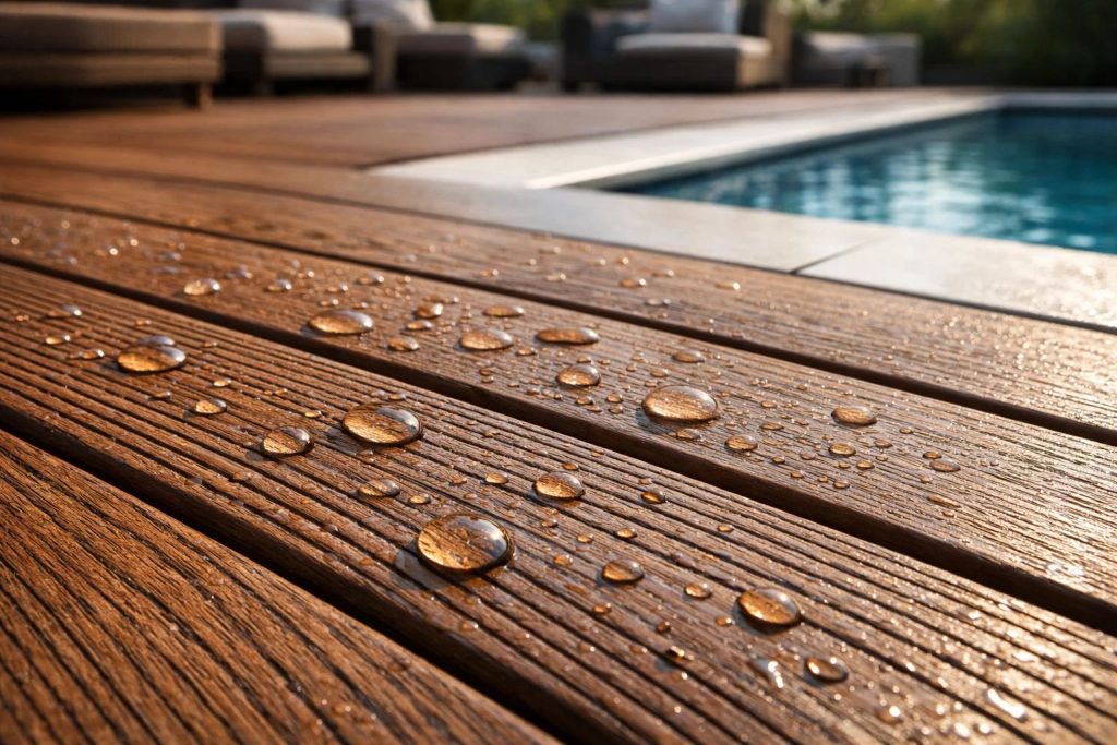 نمای نزدیک چوب پلاست دور استخر با بافت طبیعی و سطح ضد لغزش