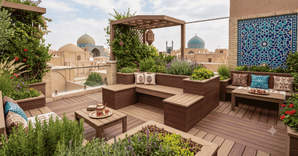کف‌سازی روف گاردن با چوب پلاست در اصفهان